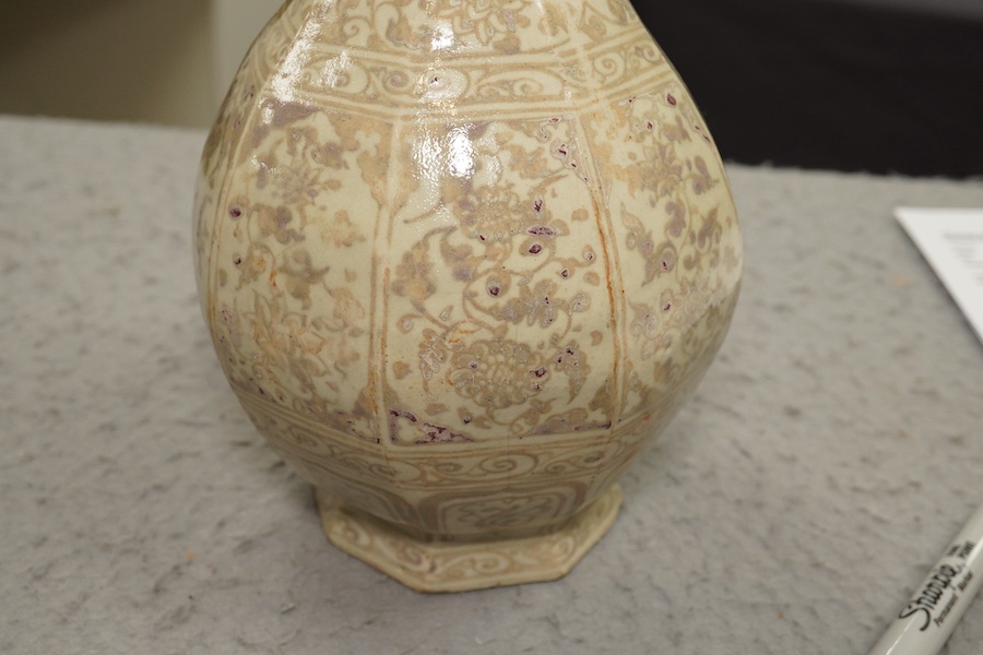 A Chinese underglaze copper red octagonal bottle vase, yuhuchunping, possibly Yuan or Hongwu period, Ming dynasty